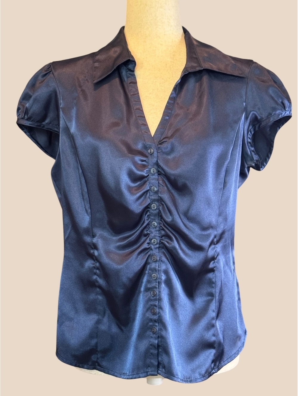 Allison Taylor Y2K Navy Blue Satin Button-Up Blouse Size L
